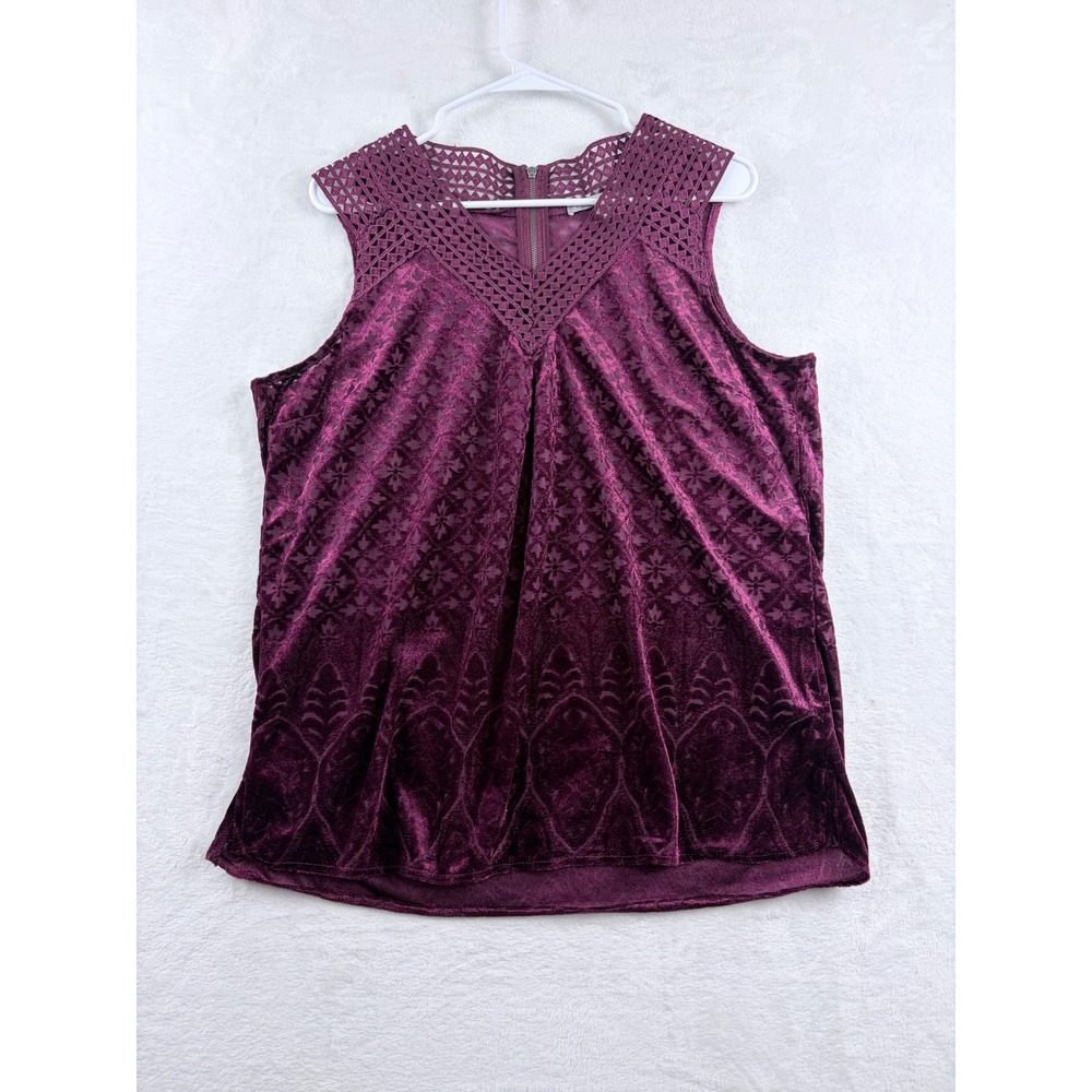 Valerie Stevens Purple Velvet Tank Top Crochet Lattice Neckline Women's Size L